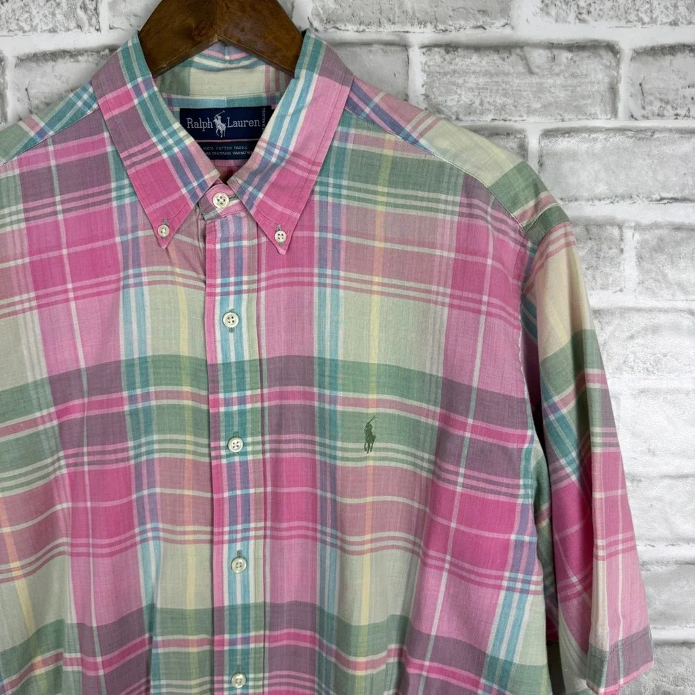 Ralph Lauren Mens XL Madras Plaid Spring Easter Shirt Short Sleeve Button Down - Picture 1 of 7